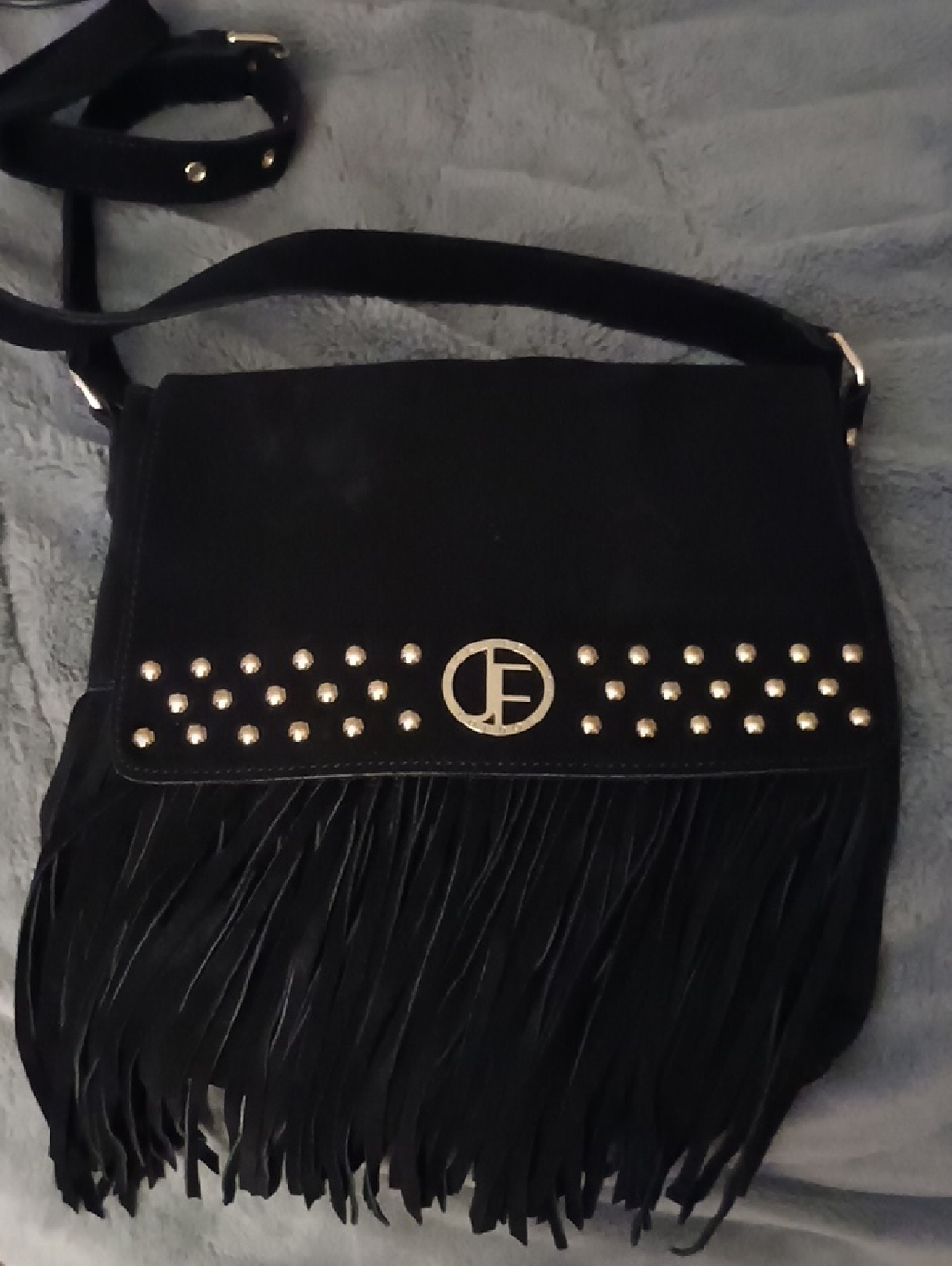 Suede Fringe Crossbody Bag with Stud Detail - Black